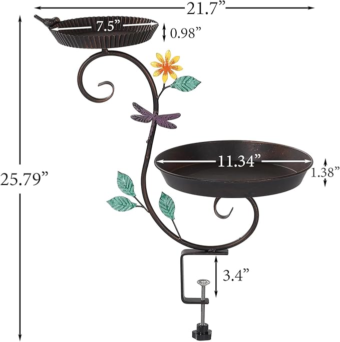 Deck Bird Bath and Feeder, Detachable Metal Bird Baths for Deck Railing, Antique Decorative Bird Bath Bowl with Adjustable Heavy Duty Clamp for Outdoor Balcony Patio Porch Garden Rail Mount