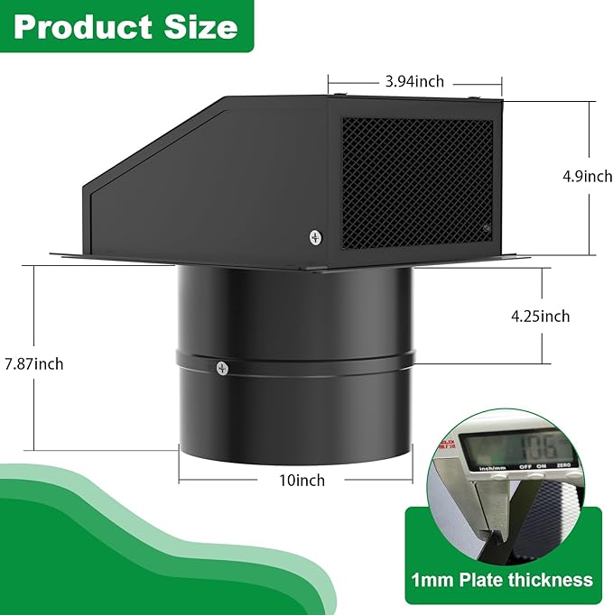 10 Inch Hooded Wall Vent with Screen and Damper, Outdoor Wall Exhaust Vent Cover Cap for Residential Housing Kitchen Rangeand Outside Air Exhaust, Galvanized Steel,Widely Applicable, Black