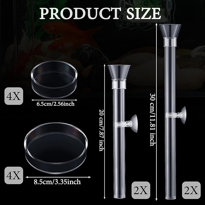 12 Pieces Shrimp Feeder Set 4 Acrylic Tubes & 8 Dishes, Clear Crystal Glass Bowl, Fish Tank Feeding Supplies for Shrimp & Betta, 2 Sizes