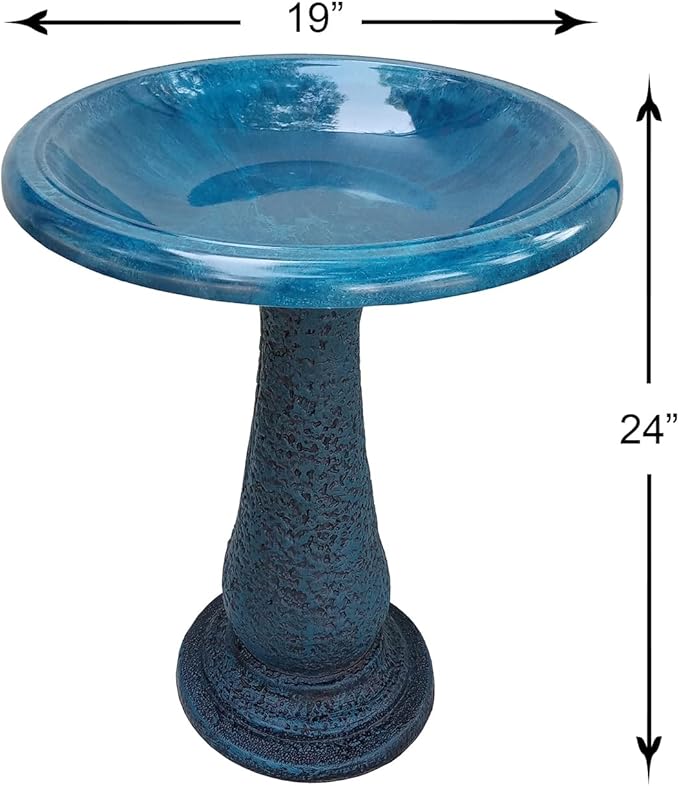 Birdbath for Outdoors - 24" Azure Blue Fiber Clay Bird Bath Bowl and Stand, Easy Assembly UV-Resistant Bird Baths for Outside, Outdoor Decor Pedestal Birdbaths, Garden Decor for Outside