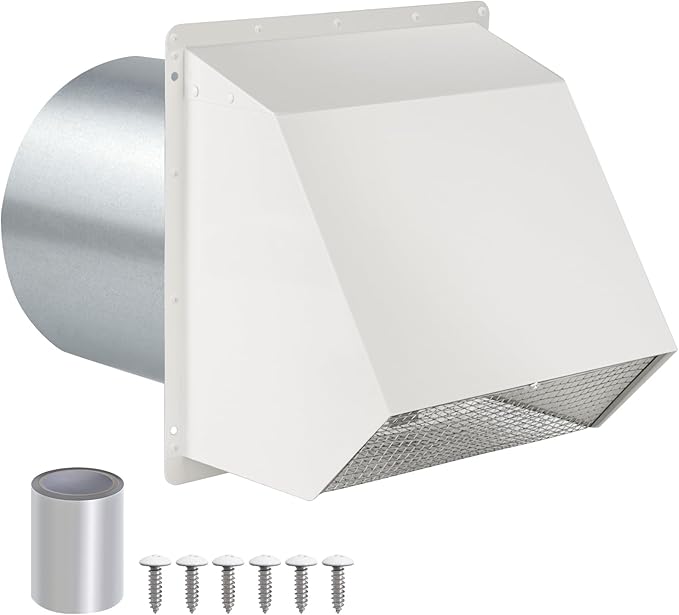 12 Inch Hooded Wall Vent with Screen and Damper, Outdoor Wall Exhaust Vent Cover Cap for Duct Dryer Range Hood Exterior Heating Cooling Ventilation and Outside Air Exhaust, Galvanized Steel, White