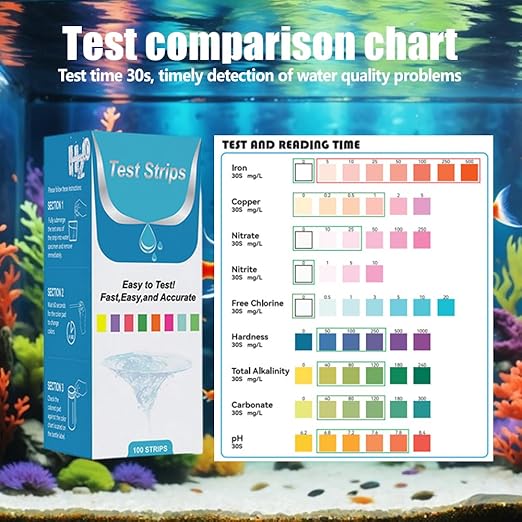 100Pcs Aquarium Test Strips Kit, 9 in 1 Quick & Accurate Fish Tank Pool Pond Water Testing Kit for Measuring Iron Copper Nitrate Nitrite Chlorine pH