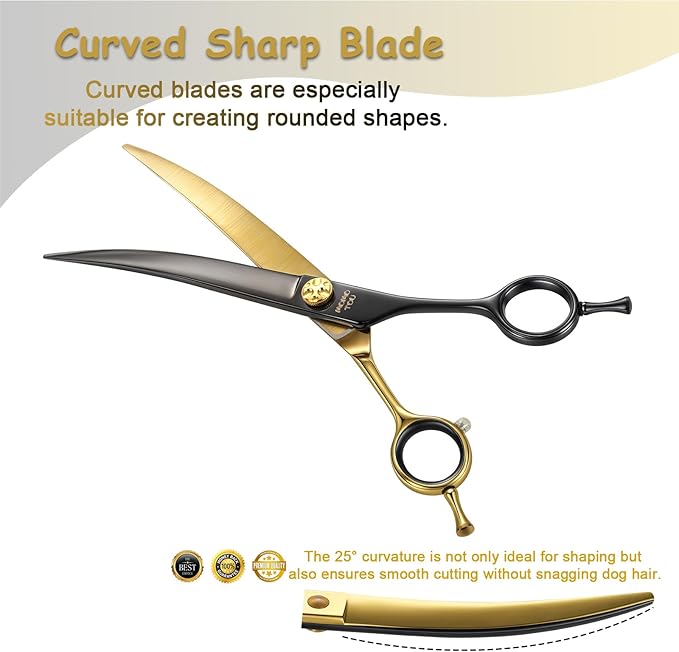 7'' Professional Curved Dog Grooming Scissors with Decorative Screw Sharp and Durable Black and Golden 440C Stainless Steel Dog Shears Easy Use for Groomers and Home User