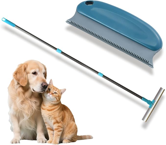 Carpet Rake Pet Hair Remover, Reusable Y-Shaped with Free Small Brush for Mats, Rugs, Couches, Reusable Cat Dog Hair Removal Tool with 54” Adjustable Long Handle Built,Blue