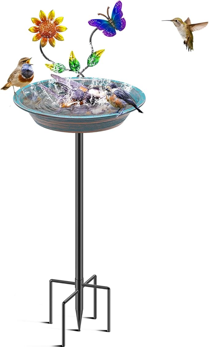 Bird Bath for Outside, Metal Birdbath Bowl Decorated Metal with 5 Prong Base Stand Outdoor Bird Baths Bird Feeder Garden Decor Yard Art (A-Blue)