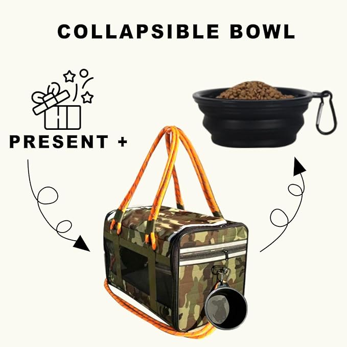 Airline Approved Pet Carrier for Small Dogs & Cats Soft-Sided, TSA Approved, Under Seat Travel & Gym Bag, Fits Pets Up to 20 lbs Includes Leash, Camo & Orange, Lightweight & Portable (Camo Orange)