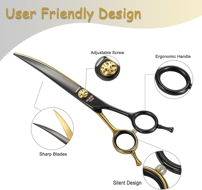 7.5'' Professional Curved Dog Grooming Scissors with Decorative Screw Sharp and Durable Black and Golden 440C Stainless Steel Dog Shears Easy Use for Groomers and Home User