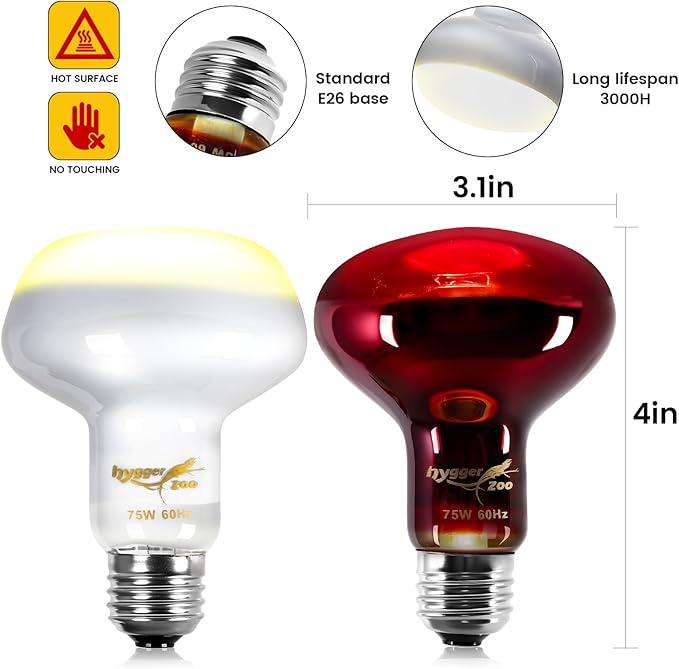 100W Reptile Heat Lamp Bulbs 2-Pack — UVA Daylight & Infrared Night Combo, Efficient Basking Light for Bearded Dragon, Lizard, Turtle, Chicken, E26 Base