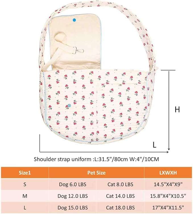 Floral Pet Carrier Sling, Breathable Cotton Dog Purse Carrier, Hand-Free Travel Puppy Purse for Small Dog 5-15 lbs, Cat Sling Chest, Per Mom Dad Gifts(White, Large)