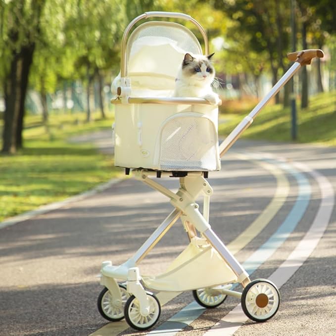 Pet Stroller for Small Medium Dogs Cats, Lightweight Foldable Ventilated Dog Cat Cart, Detachble Portable Pet Bag, Storage Basket, Car Seat 3 in 1 Multifunctional, Max Load 33 lbs (White)