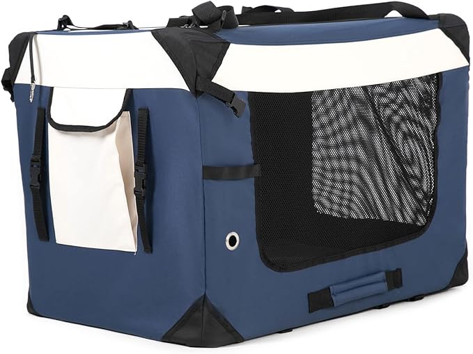 Large Cat Carrier, Collapsible Dog Travel Crate Portable Soft-Sided Pet Carrier with Super Soft Warm Plush Mat for Indoor and Outdoor 24x16x16in,Navy Blue