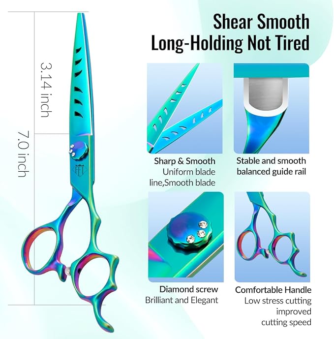 Dog Grooming Scissors: 7" Straight Pet Shears Skeletonized blade Made Of Japanese 440C for Trimming Dogs Cats and Other Pets Green (Straight G, 7")
