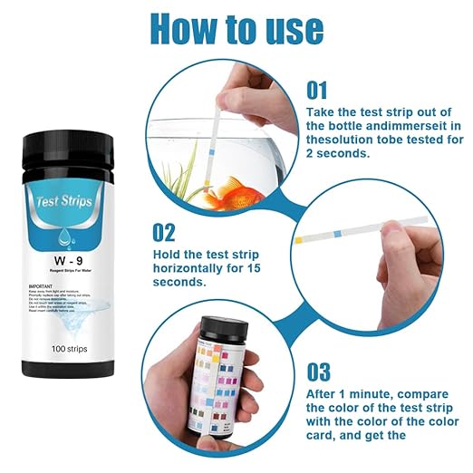 100Pcs Aquarium Test Strips Kit, 9 in 1 Quick & Accurate Fish Tank Pool Pond Water Testing Kit for Measuring Iron Copper Nitrate Nitrite Chlorine pH