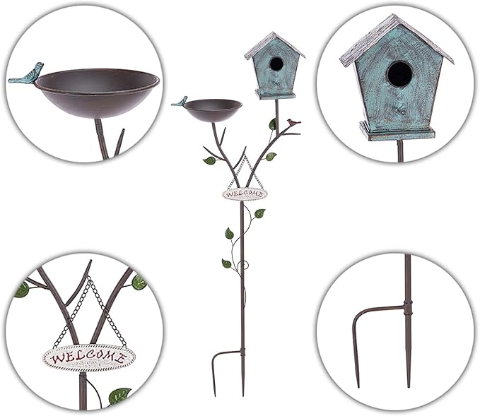 Bird Baths and BirdHouses with Pole, Distressed Metal Bird Bath Bowl and Birdhouse Stake for Outdoor Garden Yard Decoration (Bird Baths/BirdHouses-D)