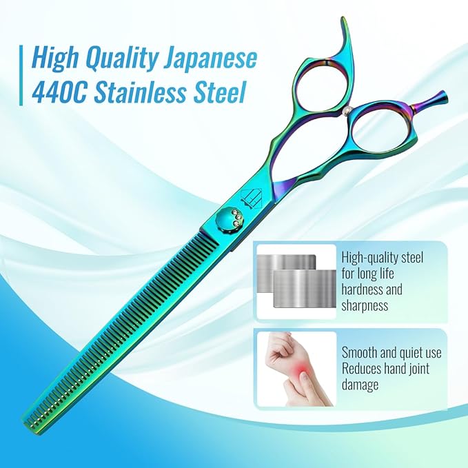Dog Grooming Scissors: 7" Straight Pet Shears Skeletonized blade Made Of Japanese 440C for Trimming Dogs Cats and Other Pets Green (Thinning G, 7")