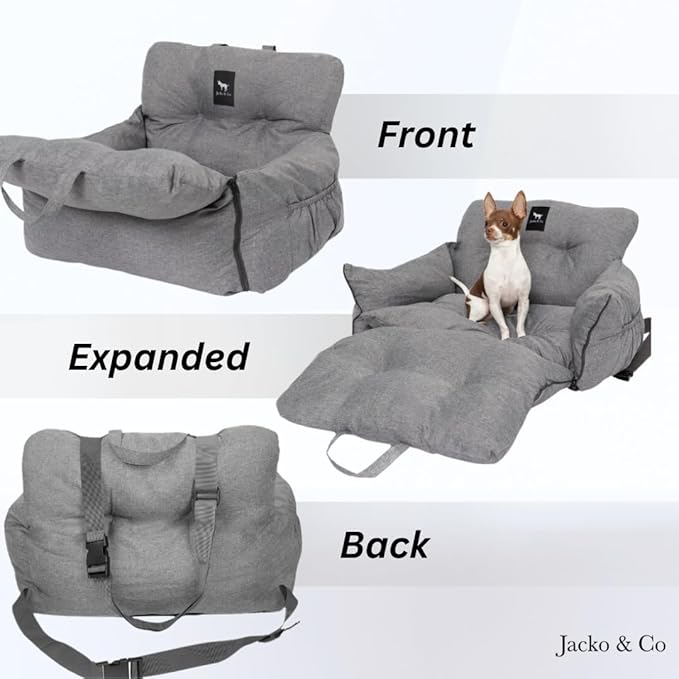 JACKO & CO Premium Dog Car Seat – Safe & Cozy Travel Bed and Carrier for Small Dogs, Puppies, Pets up to 25 lbs, Clip-On Leash & Storage Pockets, Water-Resistant, Machine Washable (Grey, Small)