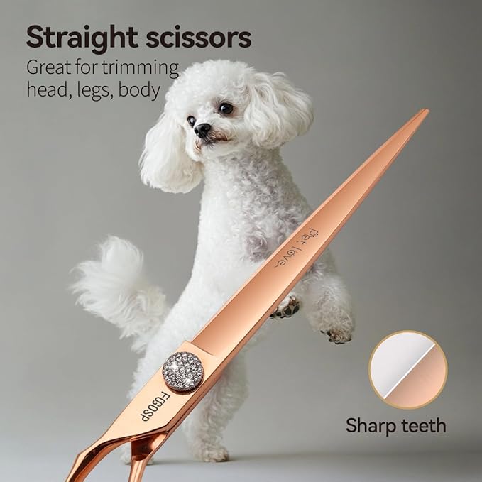 Left Handed Dog Grooming Scissors Set 4PCS Rose Gold Titanium Curved Thinning Straight Chunkers Shears Kit with White Artificial Diamonds Ergonomic Offset Handle Japan 440C