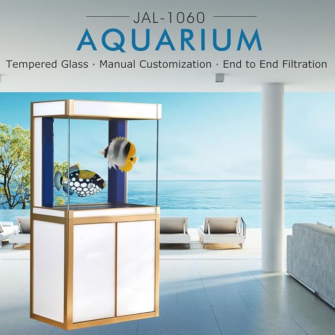 100 Gallon Glass Aquarium with Aluminum Cabinet - Including Sump for Filtration and Circulation, Plumbing, LED, White with Gold Trim