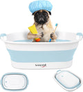 Collapsible Dog Bath Tub for Small Dogs & Cats, Portable Puppy Bath Tub with Water Drain Plug, Space Saving Foldable Pet Bathtub for Indoor & Outdoor Use, Blue