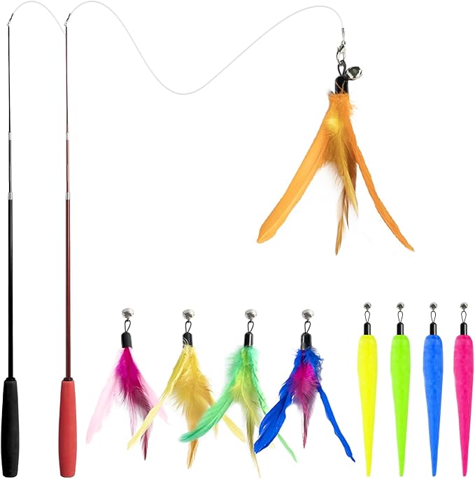 11-Pack Cat Wand Toys with Silvervine Sticks & Feather Refills – Interactive Adjustable Fishing Pole Toy for Indoor Cats, Bell & Elastic String – Durable Kitten Toys