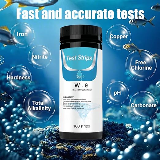 100Pcs Aquarium Test Strips Kit, 9 in 1 Quick & Accurate Fish Tank Pool Pond Water Testing Kit for Measuring Iron Copper Nitrate Nitrite Chlorine pH