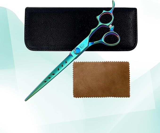 Dog Grooming Scissors: 7" Straight Pet Shears Skeletonized blade Made Of Japanese 440C for Trimming Dogs Cats and Other Pets Green (Straight G, 7")