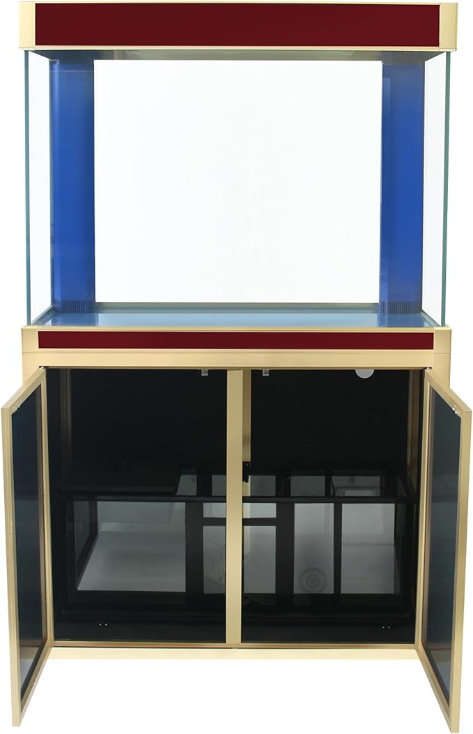 100 Gallon Glass Aquarium with Aluminum Cabinet - Including Sump for Filtration and Circulation, Plumbing, LED, Red with Gold Trim