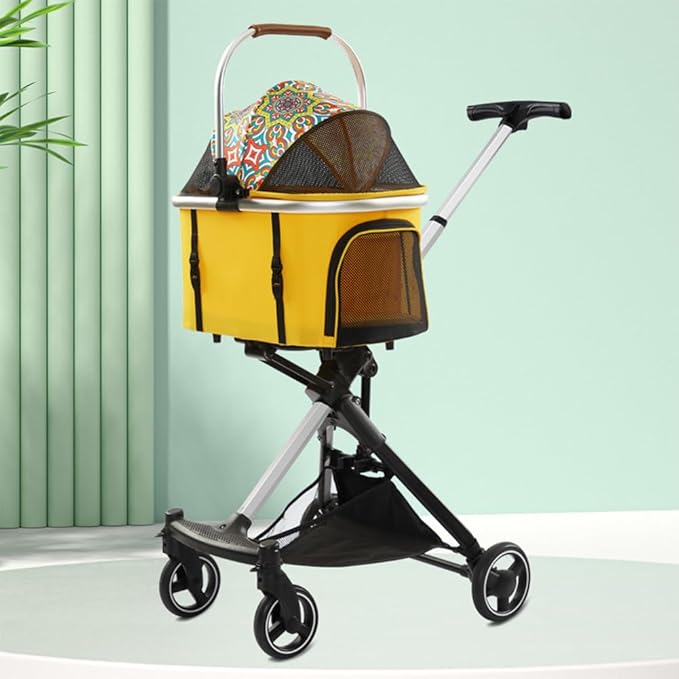 Pet Stroller for Small Medium Dogs Cats, Lightweight Foldable Ventilated Dog Cat Cart, Detachble Portable Pet Bag, Storage Basket, Car Seat 3 in 1 Multifunctional, Max Load 33 lbs (Yellow)
