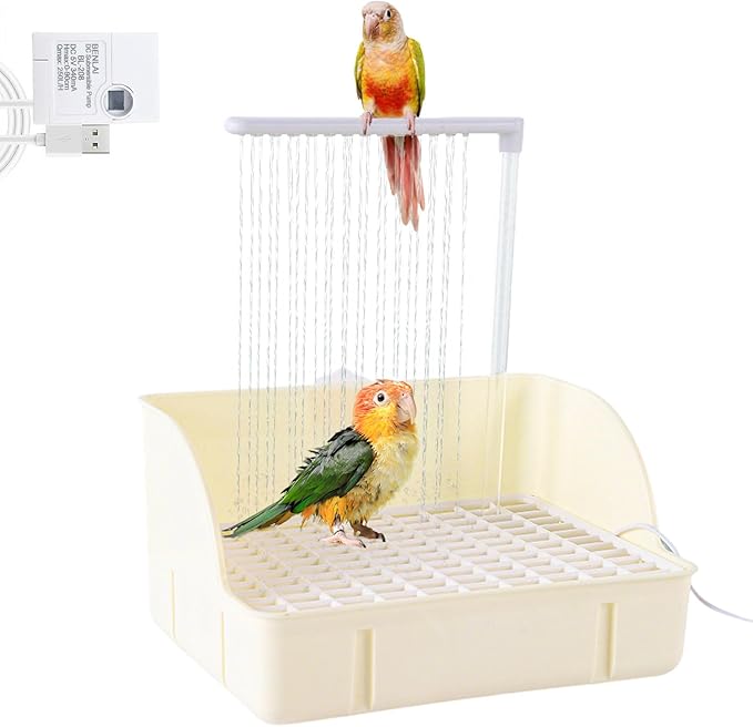 kathson Parrot Bathtub, Automatic Bird Bath Indoor,Parakeet Shower Fountain,Parrot Bath Tub for Pet Birds, Cockatiel, Conure, Budgie, Lovebird, African Grey, Finches,Beige