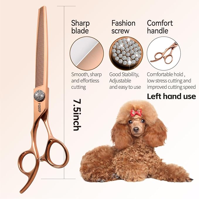 Lefty Thinning Shears for Dogs 66 Teeth 7.5'' Rose Gold Titanium Professional Blending Thinner Scissors for Dog Large Poodle Pet Japan 440C Sharp Left Handed(7.5,Thinner)