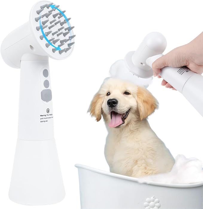 Electric Rotating Massage Dog Shampoo Spray Dispenser with Foam Brush [2025 Upgraded Version] Dual-core Electric pet Bath Brush | 2-Speed Variable Frequency SPA × Double Bubbles