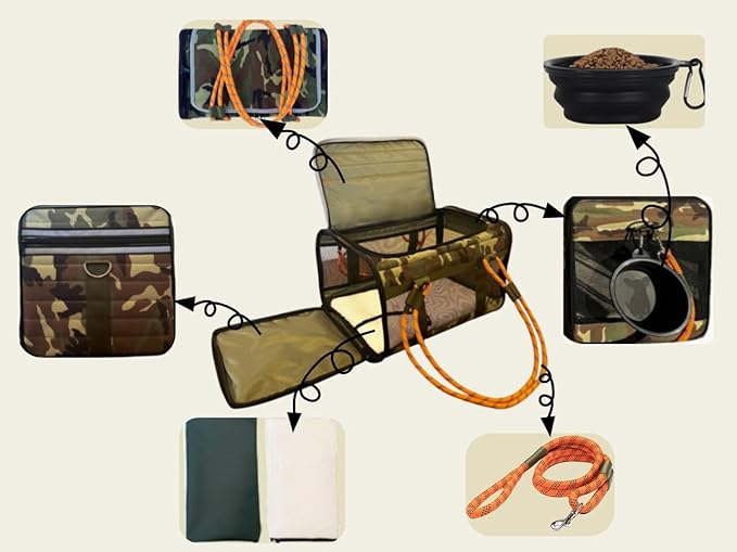 Airline Approved Pet Carrier for Small Dogs & Cats Soft-Sided, TSA Approved, Under Seat Travel & Gym Bag, Fits Pets Up to 20 lbs Includes Leash, Camo & Orange, Lightweight & Portable (Camo Orange)