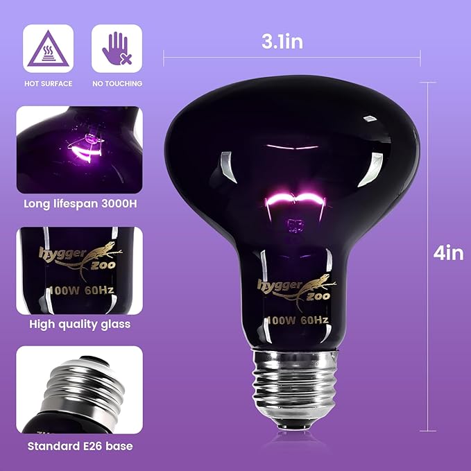 100W Reptile Night Light Bulb – 2-Pack Moonlight Purple Glow, Gentle Heat & UVA for Nocturnal Basking, E26 Base, Perfect for Bearded Dragon, Lizard, Turtle, Chicken