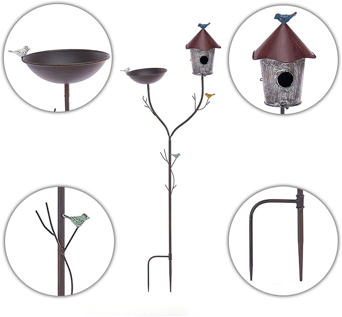 Bird Baths and BirdHouses with Pole, Distressed Metal Bird Bath Bowl and Birdhouse Stake for Outdoor Garden Yard Decoration (Bird Baths/BirdHouses-A)