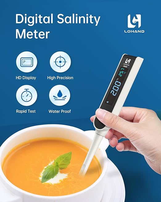 Digital Salinity Meter, Platinum Electrode & Concave Surface for Lab-Grade Accuracy, Auto-Measured Salt Content Tester, Rapid Test for Aquarium/Saltwater/Salty Food, Range: 50ppt/1.000〜1.045