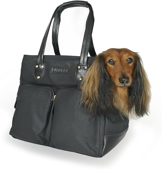 DJANGO Waxed Canvas & Leather Dog Carrier Tote Bag – Premium Soft-Sided Travel Dog Purse with Safety Leash, WR Lining, Zipper Pockets – Everyday Pet Carrier for Small Dogs up to 20 lbs (Black, Large)