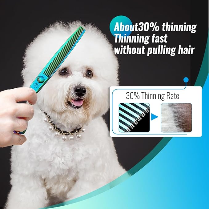 Dog Grooming Scissors: 7" Straight Pet Shears Skeletonized blade Made Of Japanese 440C for Trimming Dogs Cats and Other Pets Green (Thinning G, 7")