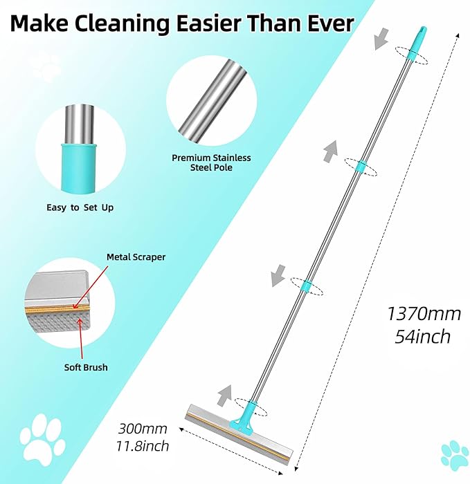 Carpet Rake for Pet Hair Removal, 54" Adjustable Handle Pet Hair Removal Carpet Brush Scraper, Pet Hair Removal Broom Tool for Carpet, Reusable Dog Cat Fur Remover, Pet Fur Cleaner for Rugs, Mats