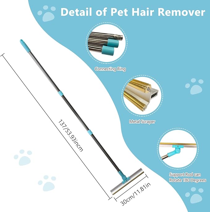 Carpet Rake Pet Hair Remover, Reusable Y-Shaped with Free Small Brush for Mats, Rugs, Couches, Reusable Cat Dog Hair Removal Tool with 54” Adjustable Long Handle Built,Blue