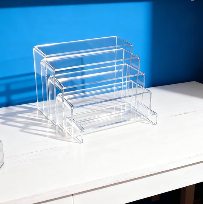 10 Pcs (2 Sets) Large Acrylic Risers 5 Sizes(7" L~9" L) Riser Display Shelf Cupcake Stand Display Cabinet Clear Rectangular Display Stands Set