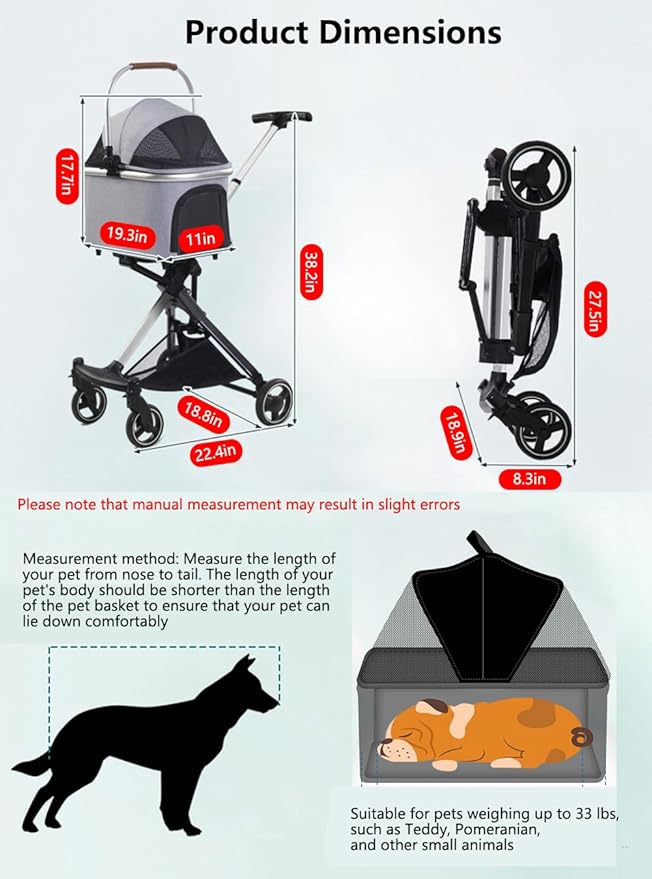 Pet Stroller for Small Medium Dogs Cats, Lightweight Foldable Ventilated Dog Cat Cart, Detachble Portable Pet Bag, Storage Basket, Car Seat 3 in 1 Multifunctional, Max Load 33 lbs (Dark Gray)
