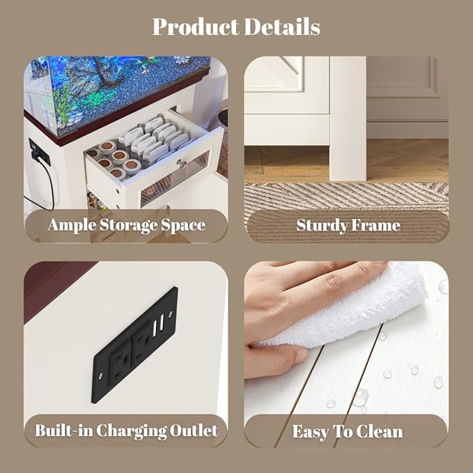 10-15 Gallon Fish Tank Stand with Power Outlets, Aquarium Table with Storage Cabinet & Drawer, 198LBS Capacity Terrarium Stand with USB Ports (Beige + Brown)