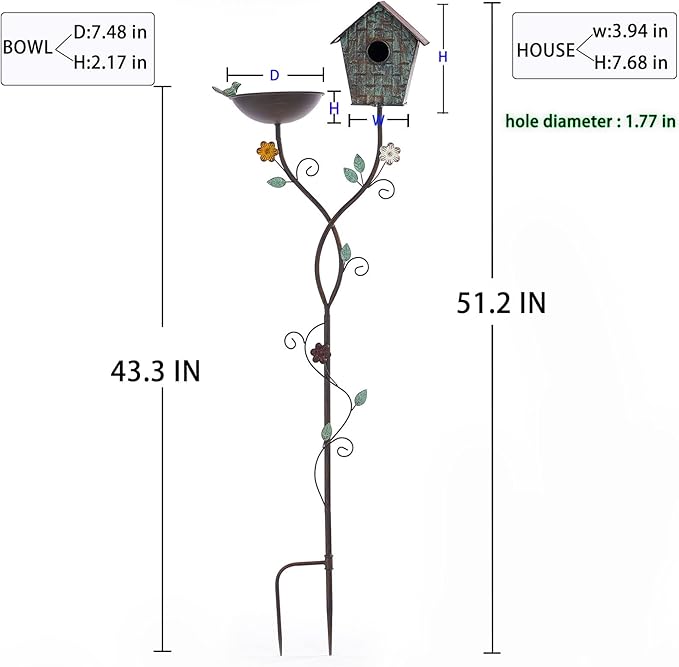 Bird Baths and BirdHouses with Pole, Distressed Metal Bird Bath Bowl and Birdhouse Stake for Outdoor Garden Yard Decoration (Bird Baths/BirdHouses-B)