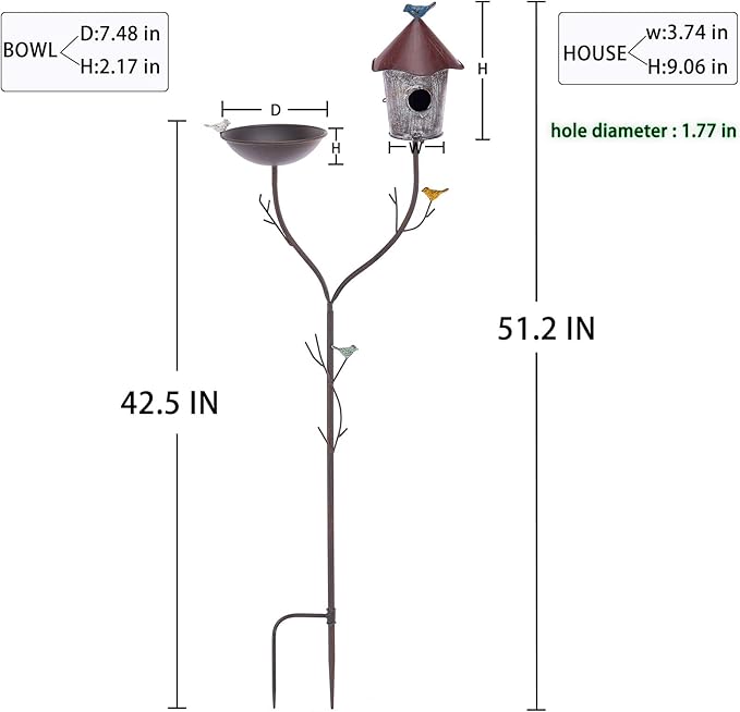 Bird Baths and BirdHouses with Pole, Distressed Metal Bird Bath Bowl and Birdhouse Stake for Outdoor Garden Yard Decoration (Bird Baths/BirdHouses-A)