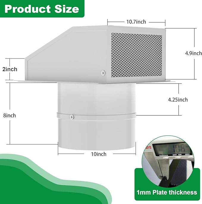 10 Inch Hooded Wall Vent, Dryer Vent Cover Outside, Outdoor Wall Exhaust Vent Cover, Wall Vent Cap-Galvanized Steel with Damper & Screen for Dryer Ventilation&Outdoor Air Exhaust