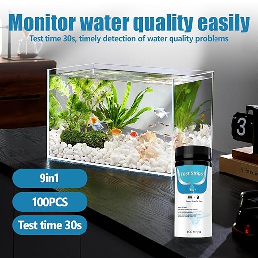 100Pcs Aquarium Test Strips Kit, 9 in 1 Quick & Accurate Fish Tank Pool Pond Water Testing Kit for Measuring Iron Copper Nitrate Nitrite Chlorine pH