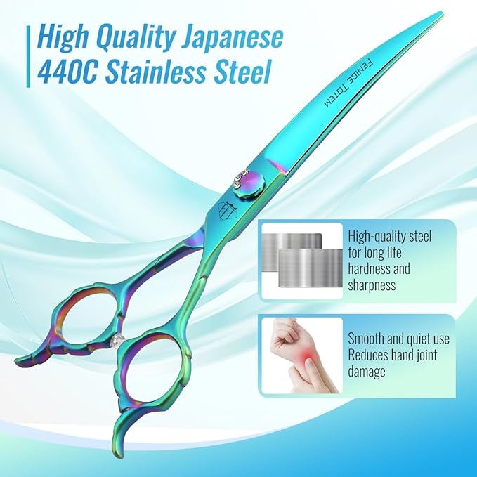 Dog Grooming Scissors: 7" Straight Pet Shears Skeletonized blade Made Of Japanese 440C for Trimming Dogs Cats and Other Pets Green (Curved G, 7")