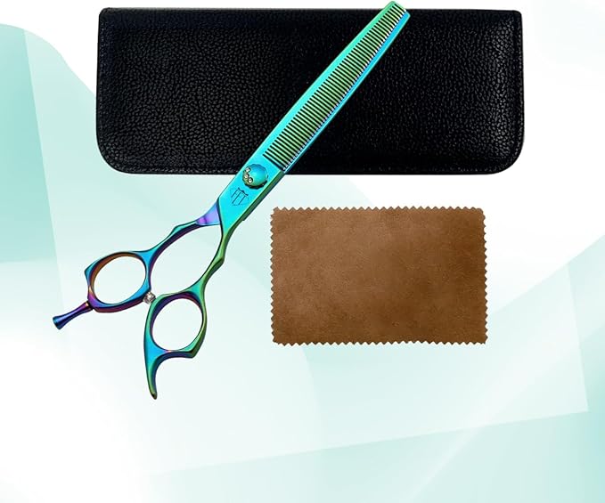 Dog Grooming Scissors: 7" Straight Pet Shears Skeletonized blade Made Of Japanese 440C for Trimming Dogs Cats and Other Pets Green (Thinning G, 7")