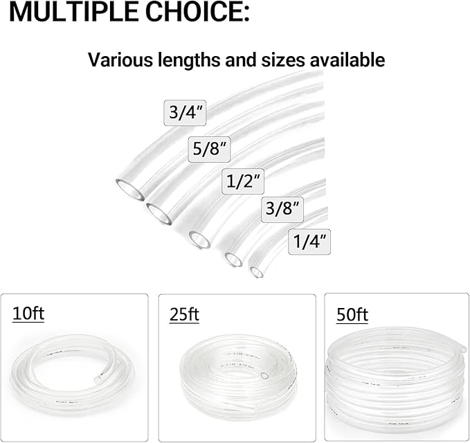1/4’’ ID × 3/8’’ OD - 10 ft Clear Plastic Vinyl Tubing, Flexible PVC Hose Lightweight Non-Toxic vinyl Tube for Transfer Water Air Oil