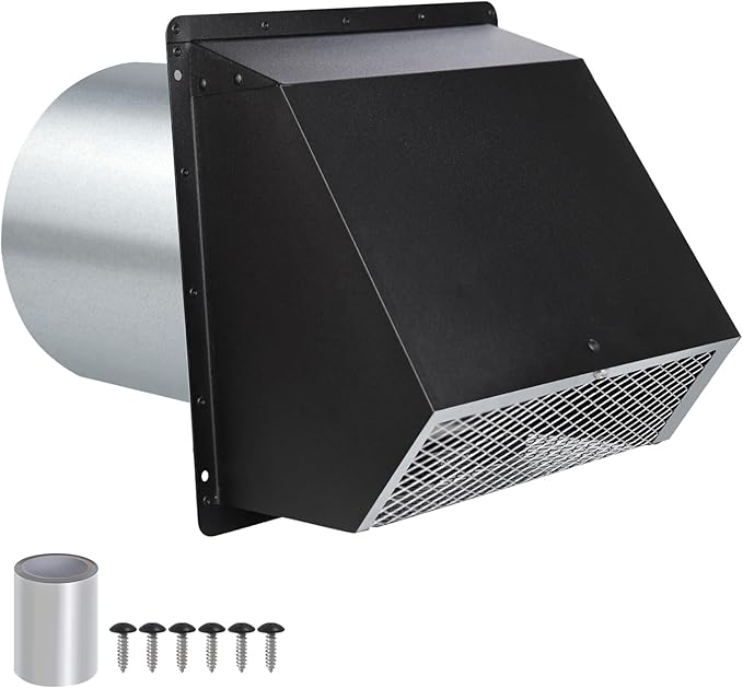 10" Hooded Wall Exhaust Vent Cover Outdoor Hooded Wall Vent with Screen and Damper,Outside Exhaust Dryer Vent Cover Exterior Wall Vent Cover for House Kitchen Range Hood Dryer,Black Hood Wall Vent Cap